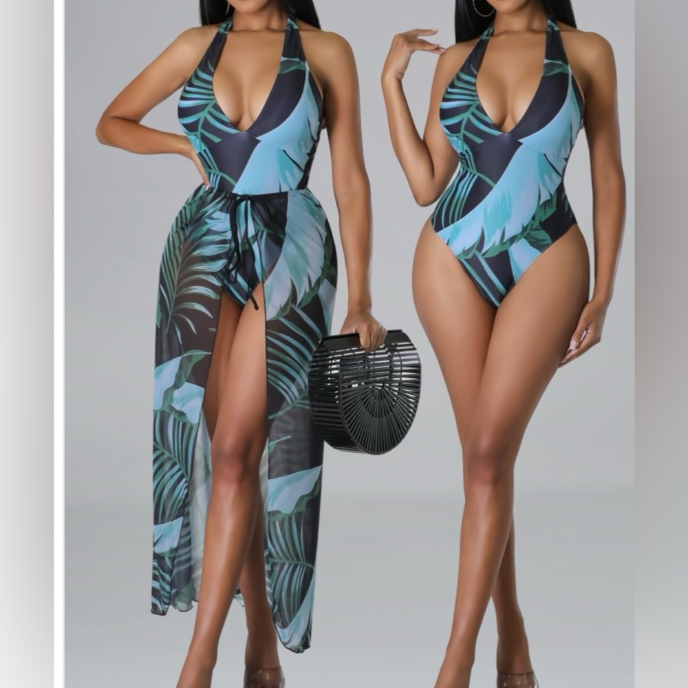 Super Cute Tropical One Piece Bathing Suit With Matching Skirt 🌴